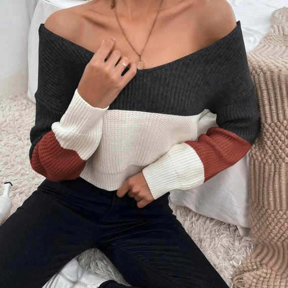 Off Shoulder Twist Back Colorblock  Crop Top Sweater Fall Autumn - Picture 5 of 9